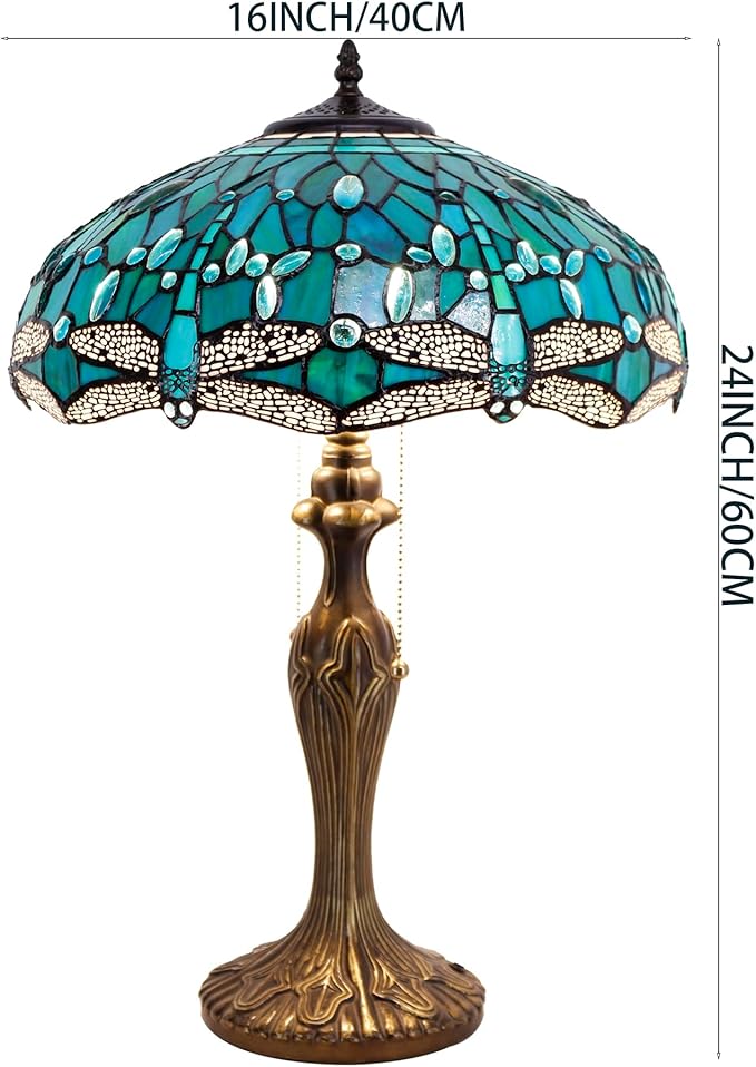 WERFACTORY Tiffany Table Lamp Green Stained Glass Dragonfly Bedside Lamp 16X16X24 Inches Desk Reading Light Metal Base Decor Bedroom Living Room Home Office S622 Series