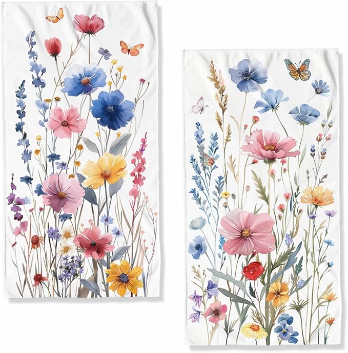 Watercolor Wildflower Kitchen Towels Set of 2 Absorbent Butterfly Dish Towels Housewarming Holiday Tabletop Decor Floral
