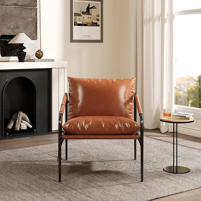 homary Brown Leather Accent Chair for Living Room Metal Frame, Padded Arms Side Pockets Granular Cotton Filling (Black & Brown)