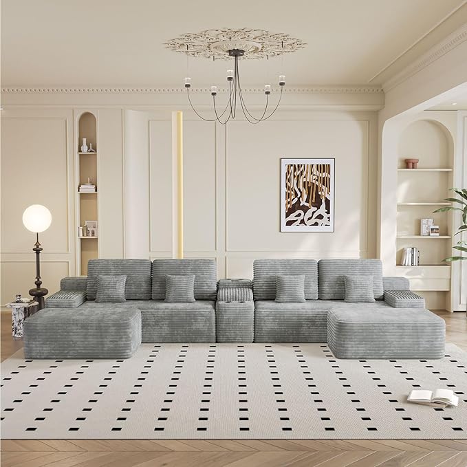 KEIKI 150" U-Shaped Oversized Corduroy Modular Sectional Sofa with 2 Ottomans and Multi Functional, 6-Seater Upholstered Couch, Easy Assembly, for Living Room, Grey