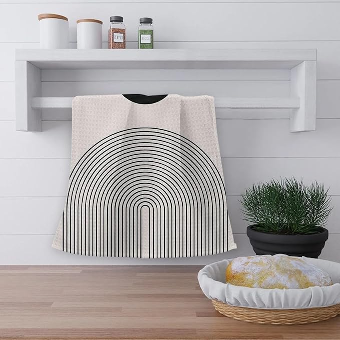 OHSUL Boho-Chic Sun Moon Line Rainbow Kitchen Towels Set of 2 Bohemian Mid Century Modern for Bathroom Green