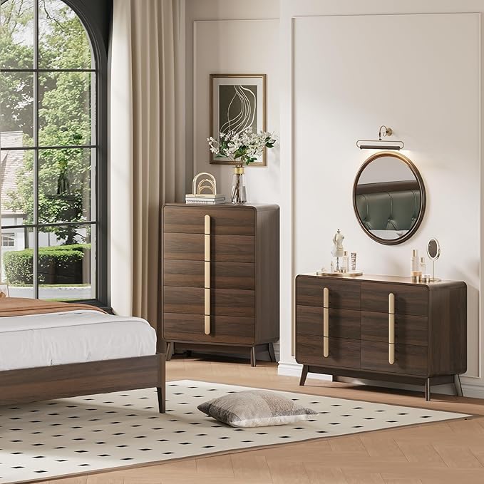 Dresser for Bedroom with 5 Drawers,Mid Century Modern Dresser with Storage,31" Wide Modern Chest of Drawers with Metal Handles,Large Wood Drawer Organizer for Bedroom,Living Room,Walnut