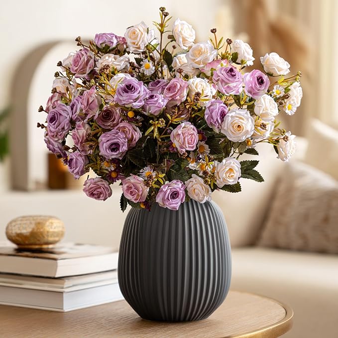 Artificial Flowers for Outdoor 4 Bundles Rose Bouquet with Daisy Faux Flowers UV Resistant for Home Indoor Outside Garden Porch Window Box Balcony Yard Porch Decor (White+Purple)