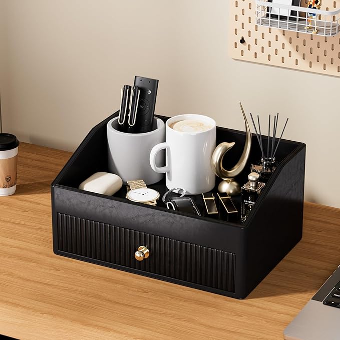 Desk Accessories,Black Vegan Leather Desk Organizers with 1 Draw Remote Control Holder with Gold-Tone Metal Accents Knob for End Tables,Bedside Table,Bedroom