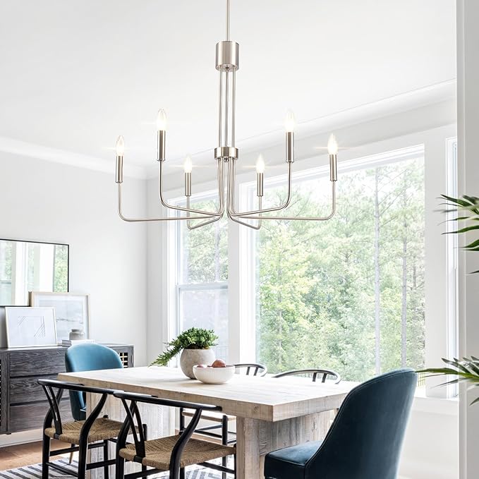6 Lights Brushed Nickel Chandeliers for Dining Room - Modern Farmhouse Chandelier for Entryway Foyer Rustic Industrial - Dining Light Fixture High Ceiling for Bedroom Kitchen Vintage Silver