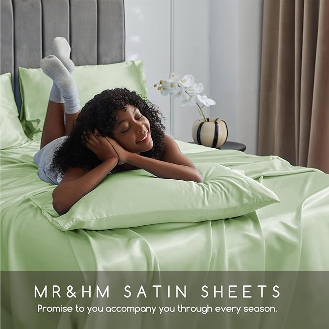 MR&HM Satin Bed Sheets with Elastic Corner Straps, King Size Sheets Set, 4 Pcs Silky Bedding Set with 15 Inches Deep Pocket for Mattress (King, Light Sage)