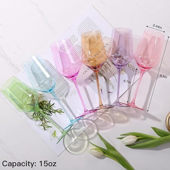 Physkoa Colored Wine Glasses Set of 6-15oz Hand Blown Crystal Colorful Glassware with Long Stem, Multicolor Glassware for Wine Lovers, Wedding, Birthday Mother's Day Easter Gifts for Women