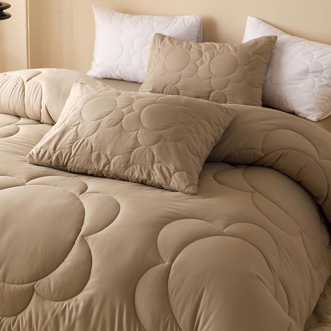 CLOTHKNOW Khaki Daisy Puff Comforter Set Twin/Twin XL Champagne Bedding Comforter Sets Floral Comforter Boho Bedding Sets Taupe Bed Comforter Sets Soft