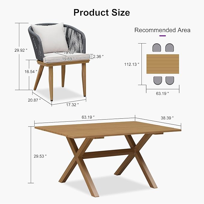 PURPLE LEAF 5 Pieces Patio Dining Table Set Wicker Outdoor Furniture Rectangular Table and Chairs Set for Garden Deck Teak-Finish Aluminum Frame Backyard Kitchen Set, Cushions and Pillows Included