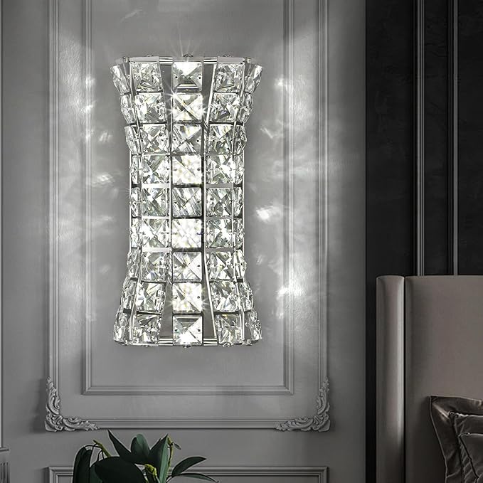 Crystal Wall Light Fixtures,Modern Chrome Wall Lamp with Clear K9 Crystals,Luxury Crystal Wall Sconces for Living Room Bedroom Bathroom Hallway Doorway Stairway,Bedside