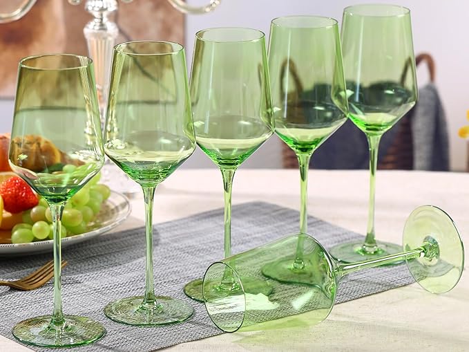 Physkoa Green Wine Glasses Set of 6-15oz Hand Blown Spring Wine Glasses Crystal Colored Glassware with Long Stem, Wedding, Birthday Gift