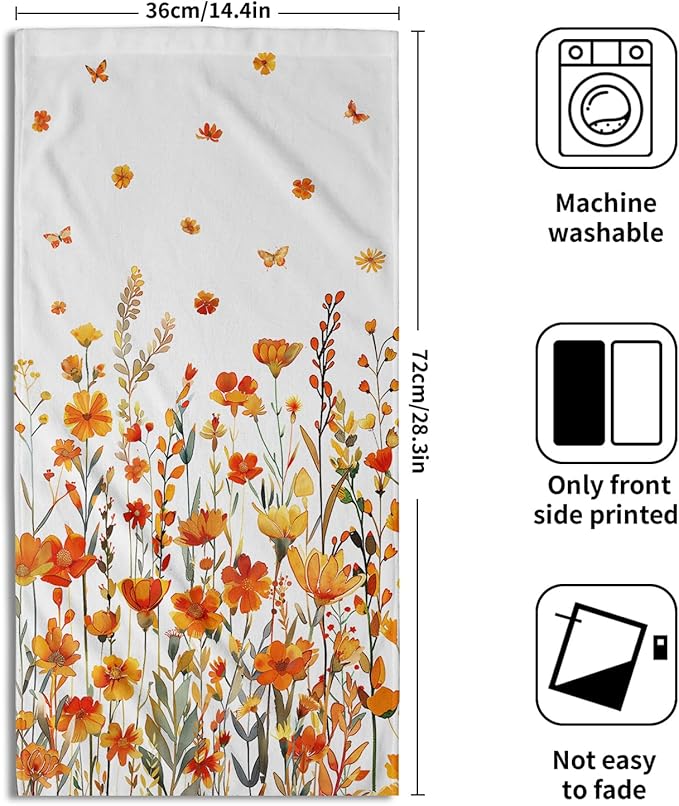 Watercolor Orange Daisy Hand Towels Autumn Floral Botanical Decorative Thanksgiving Seasonal Kitchen Spa 28x14