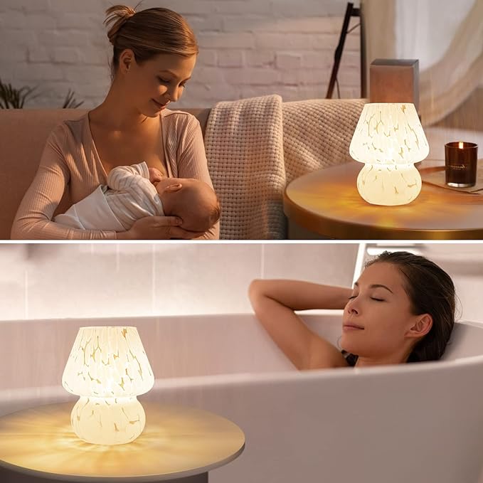 ONEWISH Mushroom Lamp Small Table Lamp-Nightstand Nightlight Dimmable Stepless, Translucent Glass White Desk Lamp for Bedroom Dorm Living Kitchen, Murano Style Aesthetic Cute Home Decor