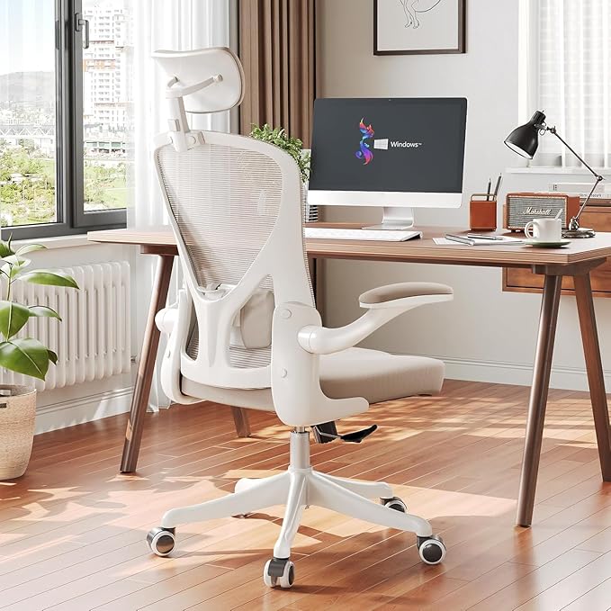 Ergonomic Office Chair with Adjustable Lumbar Support & Flip-Up Armrests - High Back Desk Chair with Thickened Seat Cushion, Rolling Wheels for Home/Office Study Work