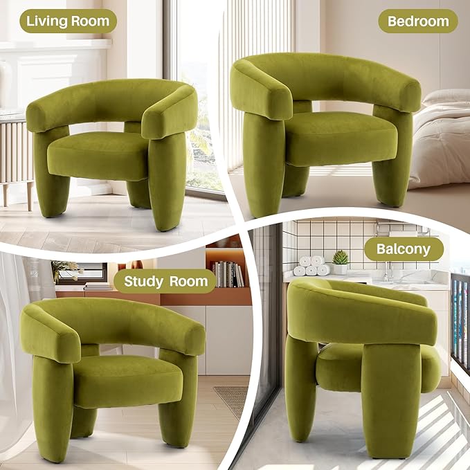 Mid Century Modern Accent Barrel Chair Comfy Upholstered Round Armchair with Montage Design, Velvet Boucle Lounge Chair for Living Room Bedroom Apartment, Green