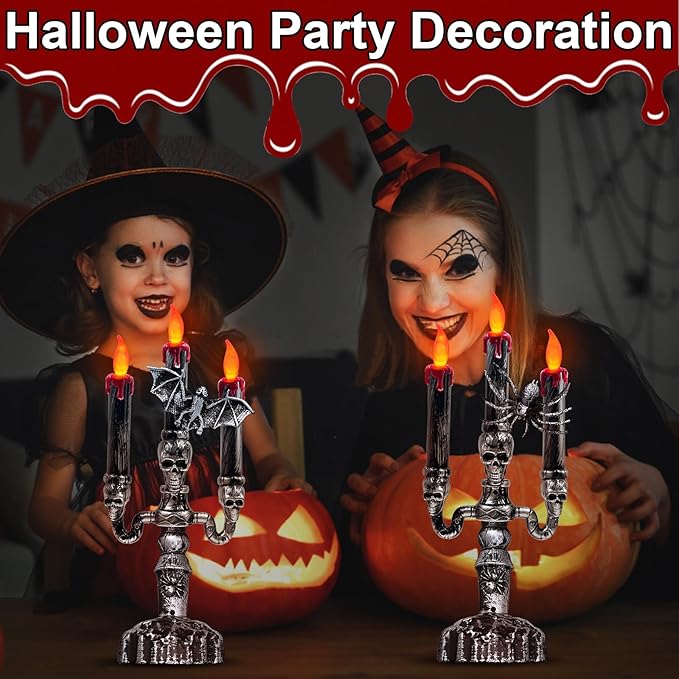 TURNMEON 2 Pack Halloween Candles LED Candelabra,Halloween Decorations 3-Candles Flickering Lamp Light Up Battery Operated Candles Holder Flame Less Bat Spider Decor Indoor Table Home Party
