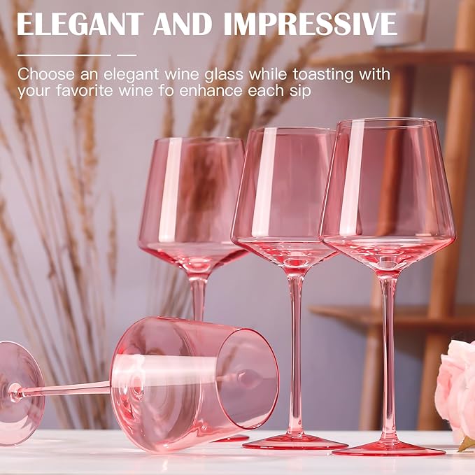Physkoa Pink Wine Glasses Set of 6-16oz Hand-Blown Pink Wine Glass with Long Stem, Unique Red&White Wine Glasses For Christmas Party Home Bar