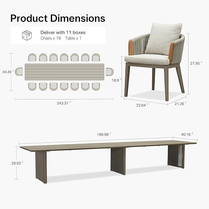PURPLE LEAF Outdoor Dining Table Set of 17, Aluminum Outdoor Patio Table and Chairs Set with Olefin Cushions, Patio Furniture Set for Garden or Deck, Beige