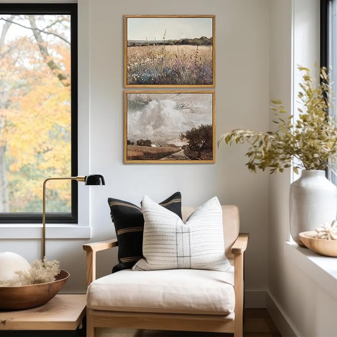 KBKBART Framed Vintage Wall Art Prints, Retro European Country Autumn Wildflower Field Landscape Canvas Painting Farmhouse Decor, Rustic Antique Framed Canvas Wall Art for Bathroom, Bedroom, Living