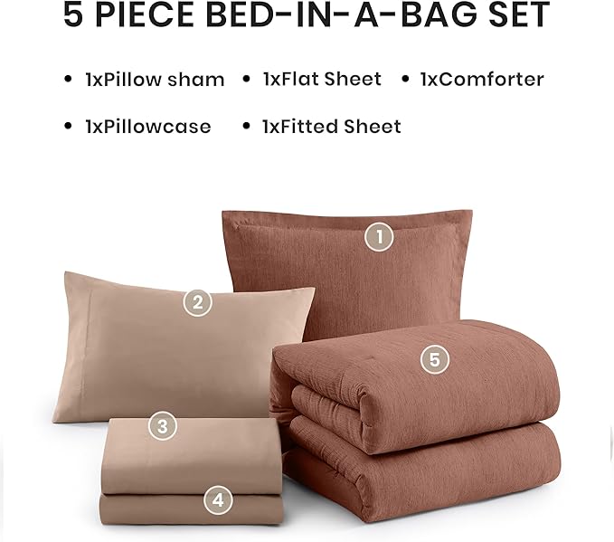 Monbix Twin XL Comforter Set Terracotta, Cationic Dyeing Bedding Set Reversible 5 Pieces, All Season Bed in a Bag with Comforter, Sheets, Pillowcase & Sham