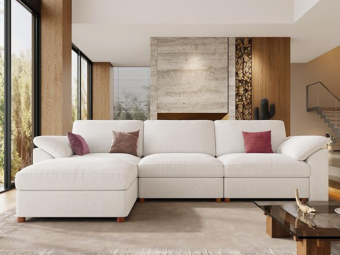 EASE MOOSE Oversized Modular Sectional Sofa with Ottoman, Modern Comfort Deep Seat L Shape Sectional Couch for Living Room, White