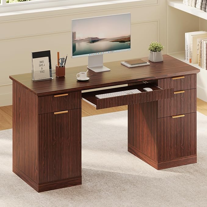 FURSUN 58" Fluted Modern Desk with Storage, Home Office Desk with 1 File Cabinet & 5 Drawers, Wood Executive Computer Writing Desk for Study, Living Room, Bedroom, Dark Walnut
