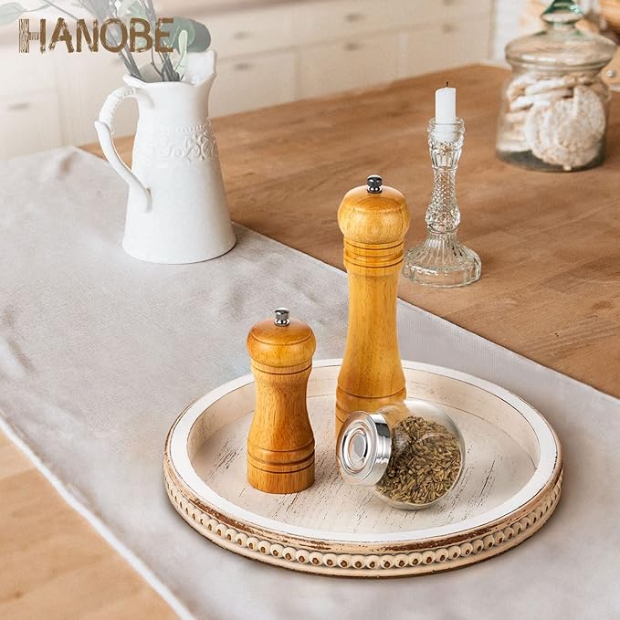 Hanobe Decorative Serving Tray Wood: White Washed Bead Round Tray Decor for Rustic Wooden Trays Farmhouse Centerpiece for Living Room Kitchen Counter