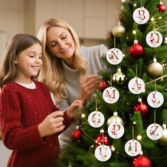 Personalized Letter Name Christmas Ornament 2025, Custom Ceramic Ornaments with Initial Name Monogram, Hanging Ornament for Xmas Tree Decorations, Gift for Family Friends