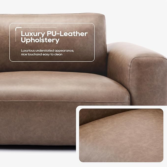 COLAMY 95" Oversized PU Leather Sofa, Comfy Sofa Couch with Extra Deep Seats, Wide Arm, Down Filled 3-Seater Modern Sofa for Living Room, Apartment Lounge-WolfGrey