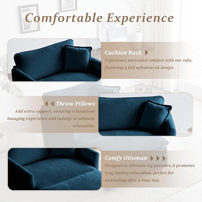 SoarFlash Chenille Sectional Sofa, Comfy Modular Single Sofa with Ottoman, Modern Recliner Deep Seat Sofa Set for Living Room,Deep Blue