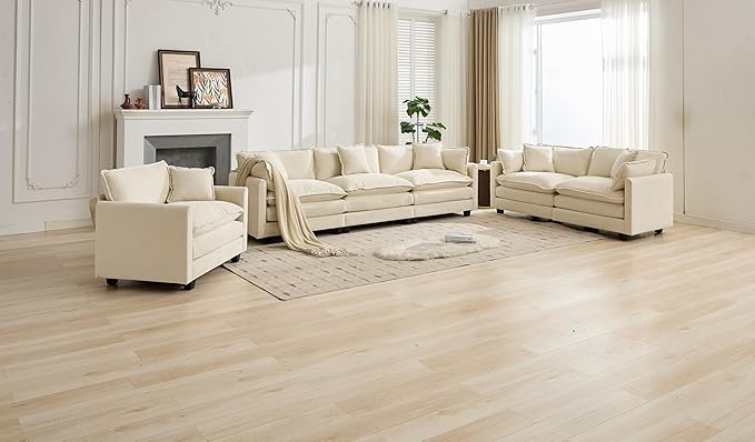 SoarFlash Chenille Sectional Sofa, Comfy Modular Single Sofa with Ottoman, Modern Recliner Deep Seat Sofa Set for Living Room,Beige