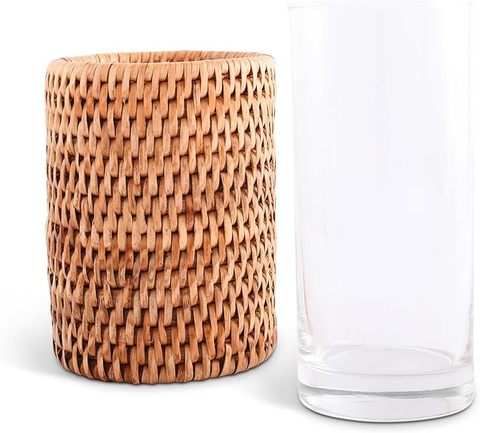 Vagabond House Natural, Removable Glass Water/Juice Glasses Set of 4, Handmade, Tall 6 Inches, Perfect for Kitchen and Home, Covered with Hand Woven Wicker Rattan