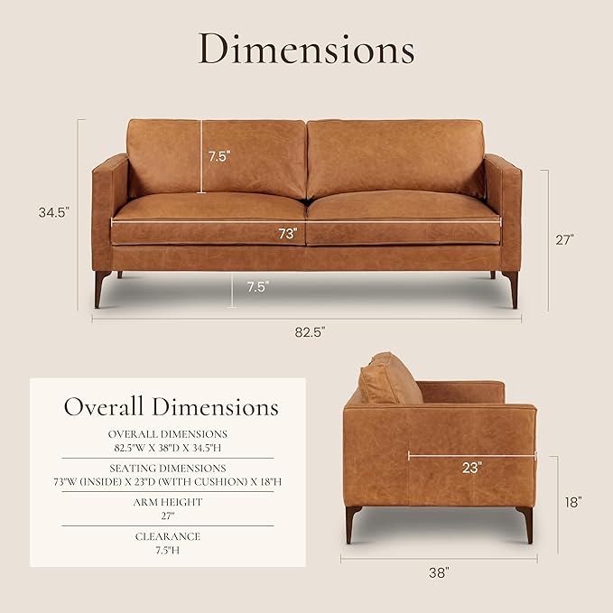 POLY & BARK Mateo Leather Sofa 82" in Full-Grain Pure-Aniline Italian Tanned Leather in Cognac Tan