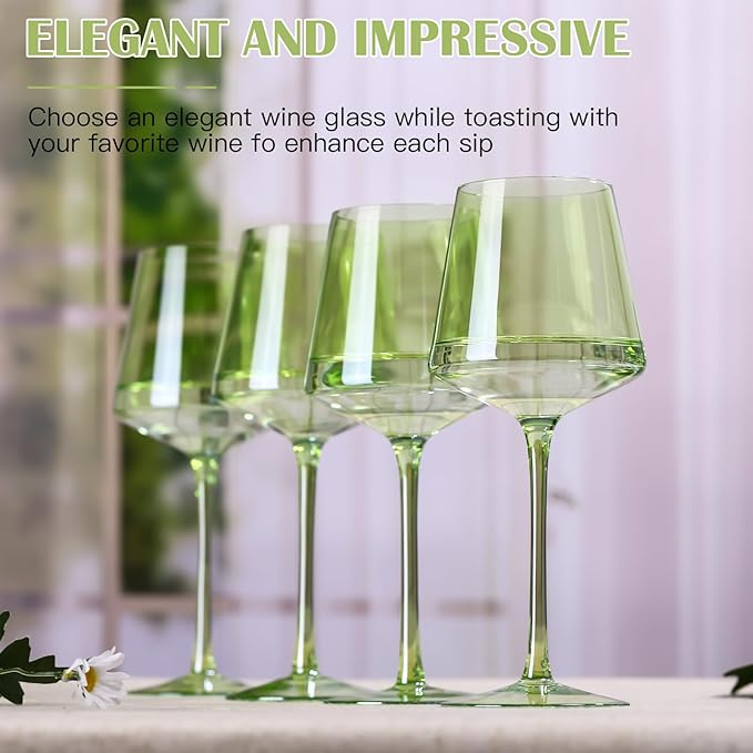 Physkoa Green Wine Glasses Set of 6-16oz Hand-Blown Green Wine Glass with Long Stem, Unique Red & White Wine Glasses For Party Home Bar Christmas
