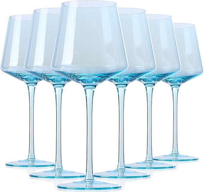 Light Blue Wine Glasses Set 6-16oz Modern Blue Wine Glasses With Tall Long Stem and Flat Bottom,Unique Blue Wine Stemware for Birthday Wedding Bridal Shower