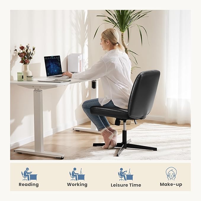 DUMOS Desk Chair No Wheels, Criss Cross Chair Wide Cross Legged Desk Vanity Chair, PU Leather Armless Adjustable Swivel Chairs for Home Computer Task Black
