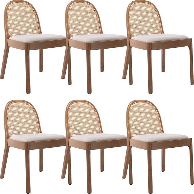 Mid Century Dining Chairs Set of 6, Rattan Linen Fabric Side Chairs Kitchen Chair with Solid Wooden Legs for Living Room Dining Room, Beige