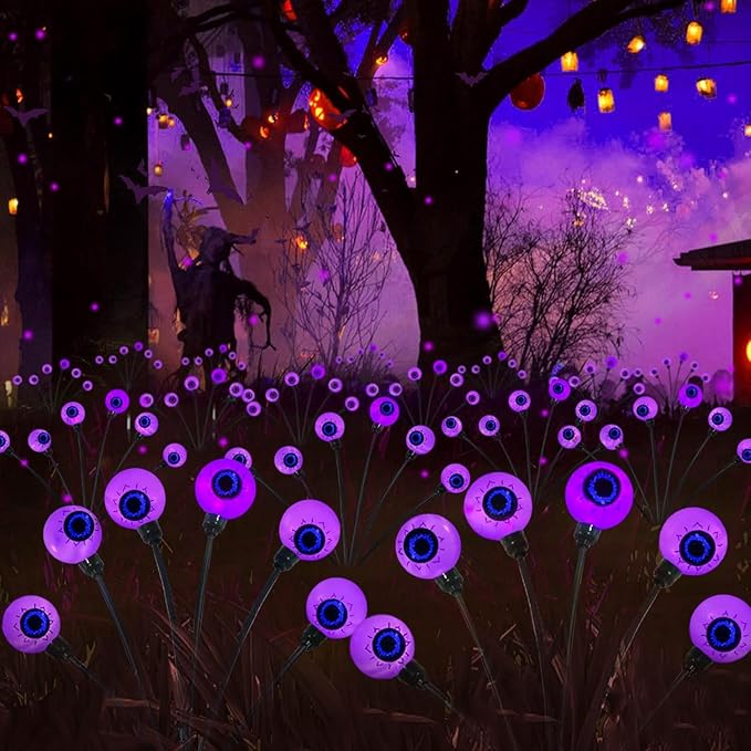 4 Pack Halloween Decorations Outdoor Waterproof, 24 LED Purple Solar Eyeball Lights, Swaying Firefly Light (Slow Glow or Steady on), for Garden Grave Yard Lawn Haunted House Decor