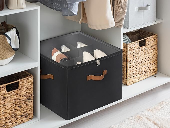 StorageWorks Shoe Organizer for Closet, Fits up to 16 Pairs, Shoe Cubby Storage Containers with Adjustable Dividers and Clear Cover, Black