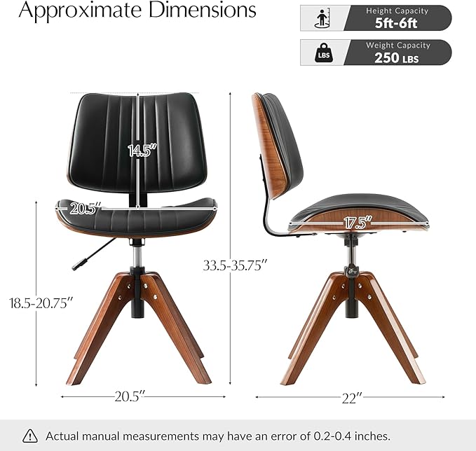 HULALA HOME Desk Chair with Solid Wood Legs, Adjustable Height & 360° Swivel, Comfy Bentwood Faux Leather Tufted Task Chair, Black