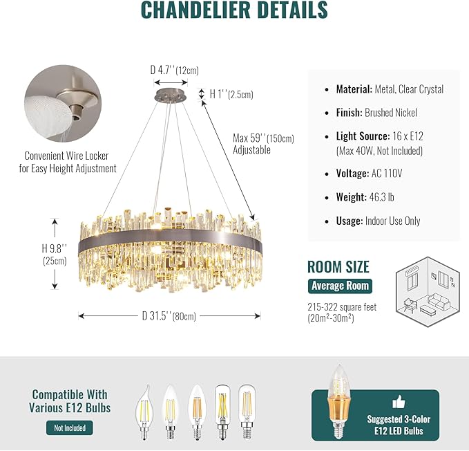 Siljoy 16-Light Modern Crystal Chandelier, Large Brushed Nickel Flush Mount Raindrop Chandelier Adjustable Height Hanging Ceiling Light Fixture for Dining Living Room Entryway Foyer 31.5 Inch