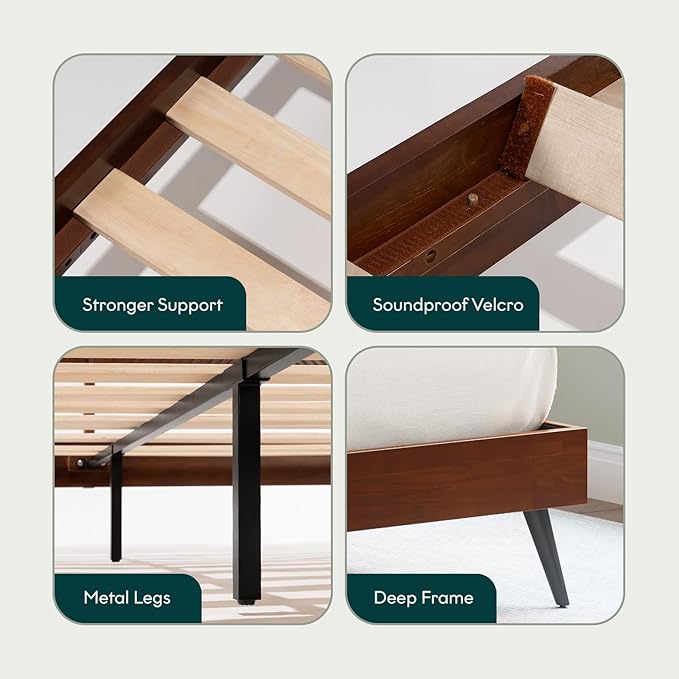 Bme Rhombus Queen Bed Frame – Solid Acacia Wood with Geometric Rhombus Headboard, Walnut Finish, Scandinavian Modern Platform Bed with Sturdy Slats & Metal Legs, No Box Spring Needed