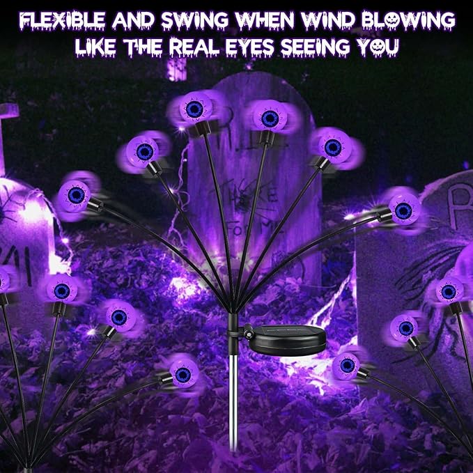4 Pack Halloween Decorations Outdoor Waterproof, 24 LED Purple Solar Eyeball Lights, Swaying Firefly Light (Slow Glow or Steady on), for Garden Grave Yard Lawn Haunted House Decor