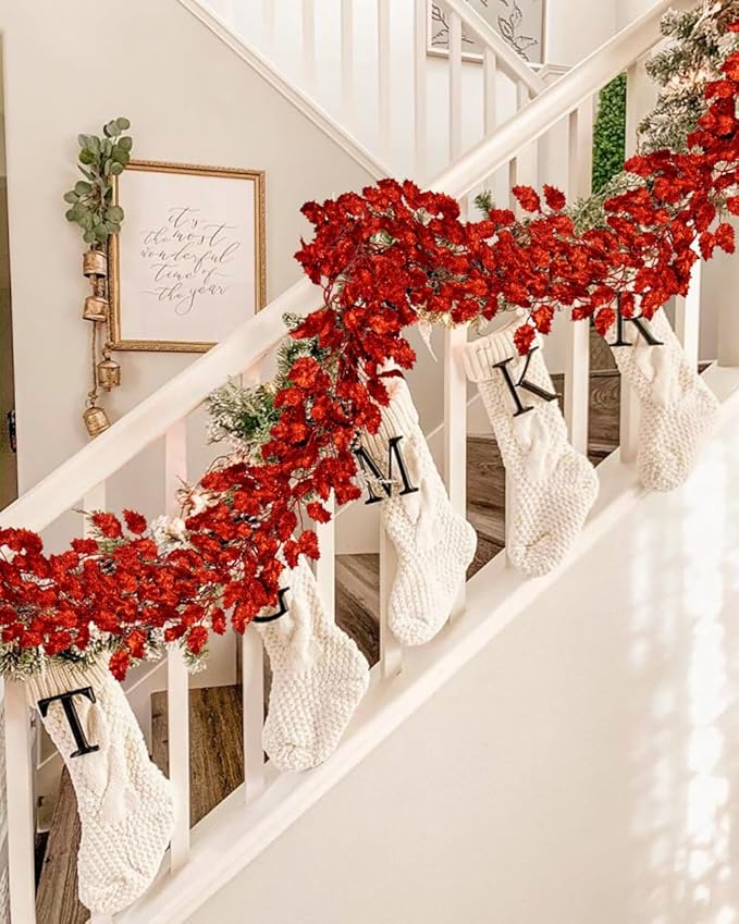 3 Pcs 6FT Christmas Garland Red Glittered Artificial Holly Leaves for Mantle Christmas Tree Decorations Indoor Outdoor Hanging Garland Ornaments Home Decor Garden Door Wall Window Stair Decoration