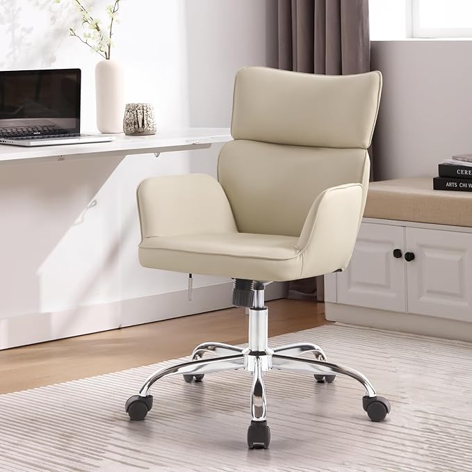 BV Adjustable Desk Chair with Wheels for Make Up, Faux Leather Rolling Armchair, 360° Swivel Comfy Task Chair for Home Office, Beige