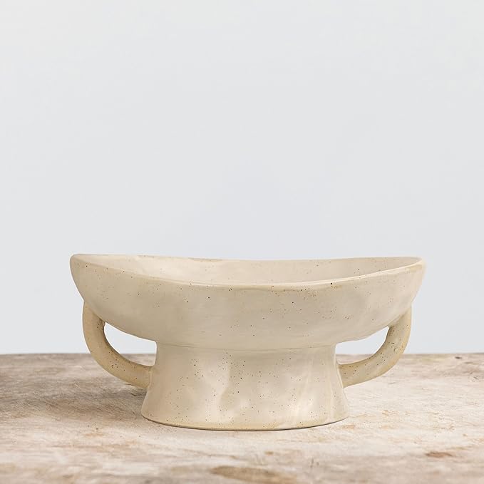 Creative Co-Op Stoneware Footed Pedestal/Bowl with Handles, Reactive Glaze Decorative Object, White