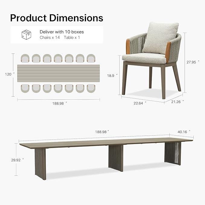 PURPLE LEAF Outdoor Dining Table Set of 15, Aluminum Outdoor Patio Table and Chairs Set with Olefin Cushions, Patio Furniture Set for Garden or Deck, Beige