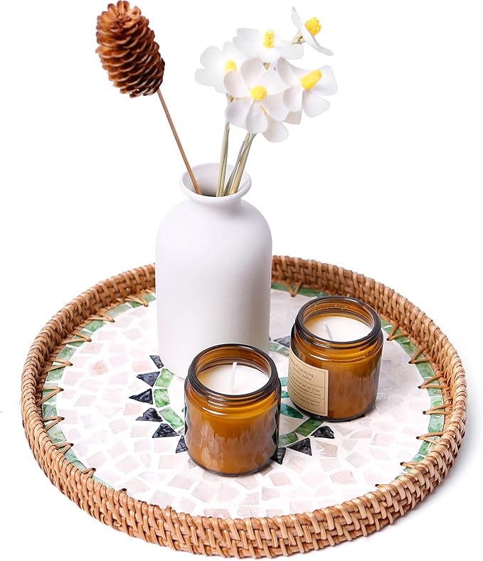 Round Rattan Tray with Mother of Pearl Inlay & Wooden Base - Decorative Wicker Serving Tray for Coffee/Bread/Fruits Display - Multipurpose Home Decor (M,Bohemia)