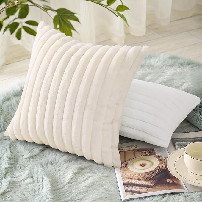 decorUhome Faux Fur Christmas Throw Pillow Covers 22x22 Set of 2, Decorative Soft Plush Striped Neutral Euro Pillow Covers with Velvet Back for Bed, Living Room Home Decor, Cream White