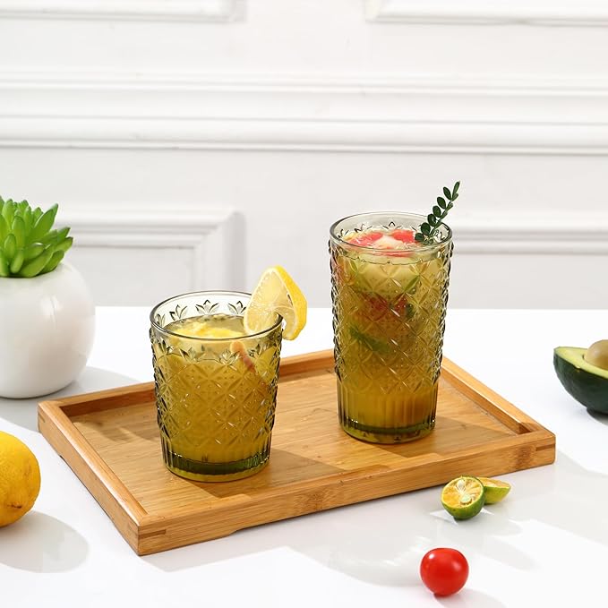 Green Drinking Glasses Set of 12, 14 Oz Highball & 10 Oz Cocktail Glasses, Green Kitchen Vintage Glassware Set, Floral Embossed Glass Tumbler Cups for Coffee, Beer, Water, Whiskey, Juice